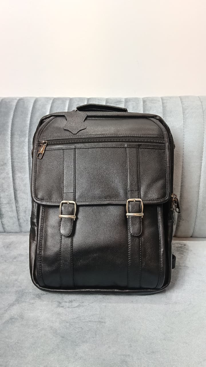 Genuine Cow Leather Dual Lock Bag- Black